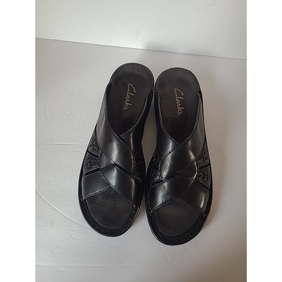 Clarks Susan SZ 9M Woven Black Leather Sandal Open Toe #34721 Flat Comfort - Picture 5 of 9